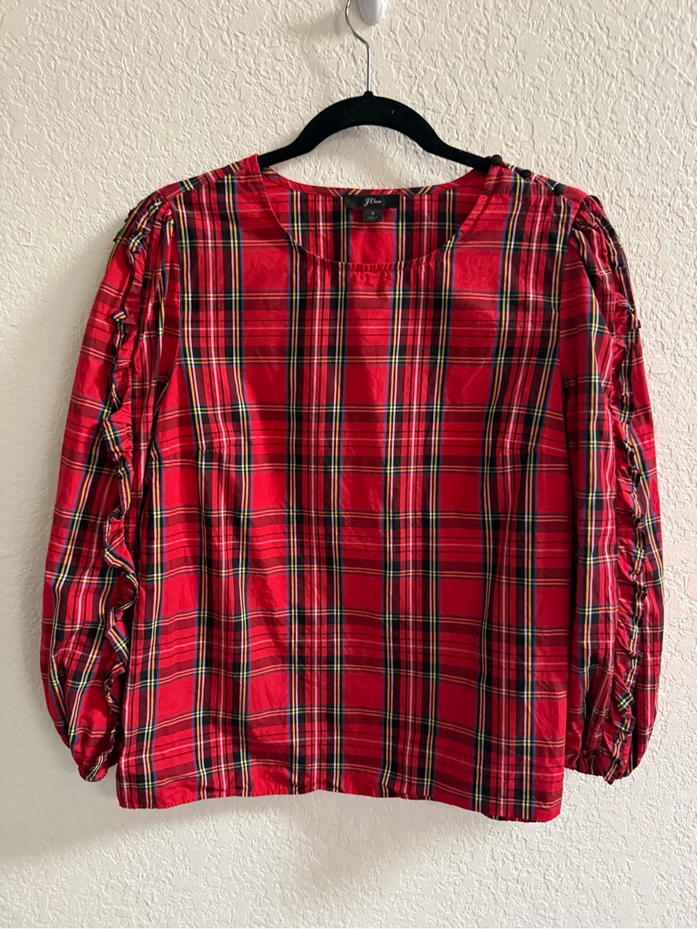 J. Crew Red Plaid Long-Sleeve Peasant Blouse